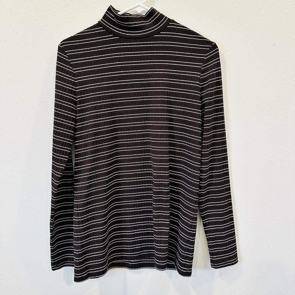 Lands End Women's Brown White Striped Ribbed Mock Neck‎ Long Sleeve - Size S/T
